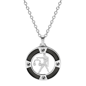 Collier en acier chane avec pendentif rond zodiaque Balance aspect bois noir et vis cruciforme 50+5cm - Vue 2