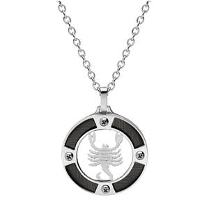 Collier en acier chane avec pendentif rond zodiaque Scorpion aspect bois noir et vis cruciforme 50+5cm - Vue 2