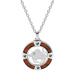 Collier en acier chane avec pendentif rond zodiaque Taureau aspect bois clair et vis cruciforme 50+5cm - Vue 2
