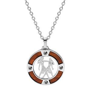 Collier en acier chane avec pendentif rond zodiaque Gmeaux aspect bois clair et vis cruciforme 50+5cm - Vue 2