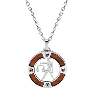 Collier en acier chane avec pendentif rond zodiaque Balance aspect bois clair et vis cruciforme 50+5cm - Vue 2