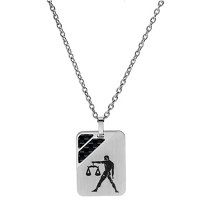 Collier en acier chane avec pendentif rectangulaire zodiaque Balance 2 bandes carbone 50+5cm - Vue 2