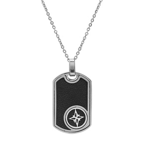 Collier en acier chaîne avec pendentif rectangulaire en cuir noir motif étoile du nord 50+5cm - Vue 2