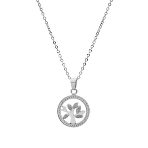 Collier en acier chane avec pendentif rond arbre de vie oxydes blancs 40+5cm - Vue 2