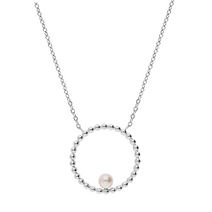 Collier en acier chane avec pendentif rond boule avec perle de synthse blanche 45+5cm - Vue 2