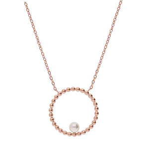 Collier en acier et PVD rose pendentif rond boule avec perle de synthse blanche 45+5cm - Vue 2