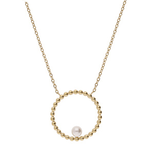 Collier en acier et PVD jaune pendentif rond boule avec perle de synthse blanche 45+5cm - Vue 2