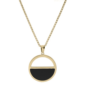 Collier en acier et PVD jaune chaneavec pendentif anneau et demi cercle noir 42+4cm - Vue 2