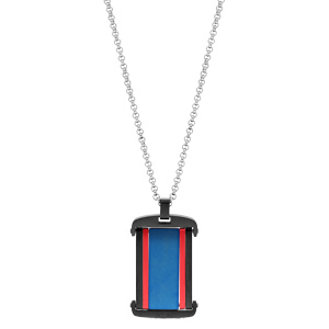 Collier en acier chane avec Pendentif rectangulaire noir et bleu avec2  bandes rouge 50+5cm - Vue 2