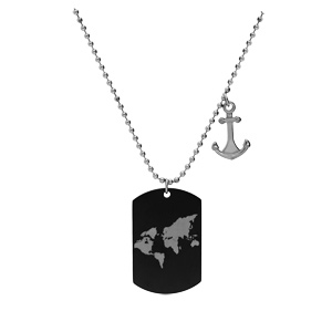 Collier en acier chaîne avec pendentif ancre et plaque PVD noir militaire motif monde 55+10cm - Vue 2