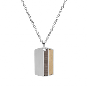 Collier en acier chane avec pendentif rectangulaire 2 bandes verticales et aspect tons bois 50+5cm - Vue 2