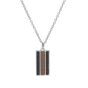 Collier en acier chane avec pendentif rectangulaire et aspect bois marron et noir 50+5cm - Vue 2