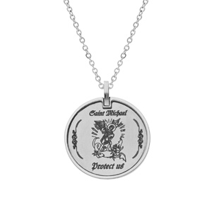 Collier en acier chane avec pendentif rond Saint Michel - protge nous 50+5cm - Vue 2