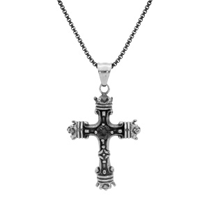 Collier en acier chaîne avec pendentif croix patiné oxyde noir serti 55+10cm - Vue 2