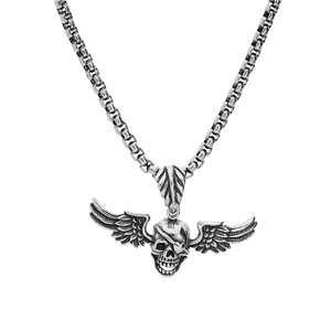 Collier en acier patin chane avec pendentif tte de mort avec ailes 50+10cm - Vue 2