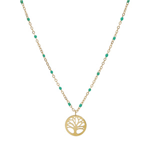 Collier en acier et PVD jaune chane avec pendentif arbre de vie et olives couleur turquoise de synthse 40+5cm - Vue 2