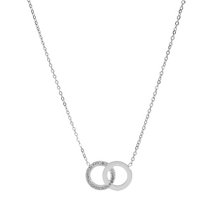 Collier en acier chane avec 2 cercles entrelacs 1 lisse et 1 avec oxydes blancs 40+5cm - Vue 2