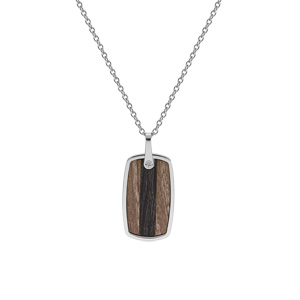 Collier en acier chane avec pendentif rectangulaire dim 35x20 mm aspect bois marron et noir au centre longueur 55+5cm - Vue 2