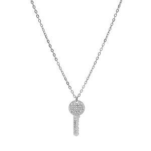 Collier en acier chane avec pendentif clef et oxydes blancs sertis 40+4cm - Vue 2