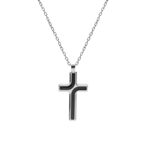 Collier en acier chane maille forcat avec pendentif croix 35 x 25mm motifs noirs longueur 55+5cm - Vue 2