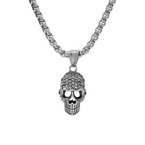 Collier en acier pendentif tte de mort oxydes blancs 50+5cm - Vue 2