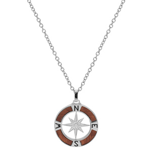 Collier en acier chane avec pendentif rose des vents aspect bois clair 50+5cm - Vue 2