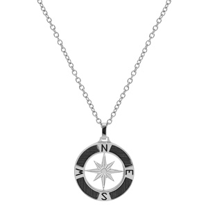 Collier en acier chane avec pendentif rose des vents aspect bois noir 50+5cm - Vue 2