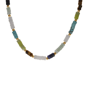 Collier en acier rondelles sodalite, olivine, quartz, oeil de tigre vritable et turquoise imitation 40+5cm - Vue 2