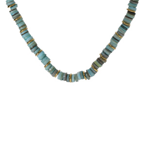 Collier en acier et PVD dor rondelles coquillage teint bleu 35+9cm - Vue 2