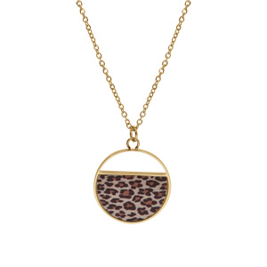 Collier en acier et PVD jaune pendentif rond avec rsine lopard 45+5cm - Vue 2