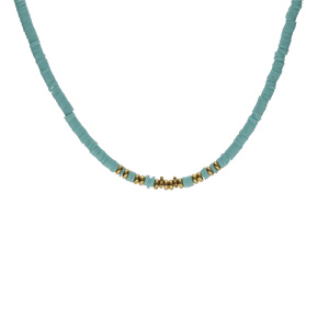 Collier en acier rondelles turquoise imitation et boules PVD dor 40+5cm - Vue 2