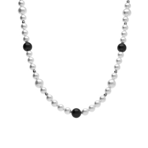 Collier en acier lewis perles imitation blanches et noires - 45+10cm - Vue 2