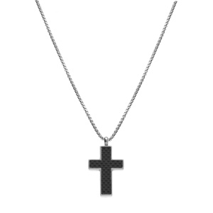 Collier en acier chaîne jaseron pendentif croix carbone 25x16mm - 50+5cm - Vue 2