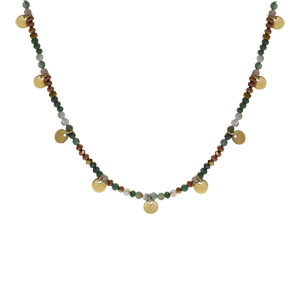 Collier en acier et PVD dor verre et agate verte vritable avec pampilles pastilles 38+7cm - Vue 2