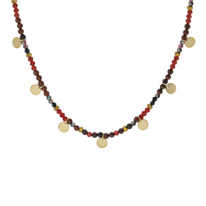 Collier en acier et PVD dor verre et pierre rouge vritable avec pampilles pastilles 38+7cm - Vue 2