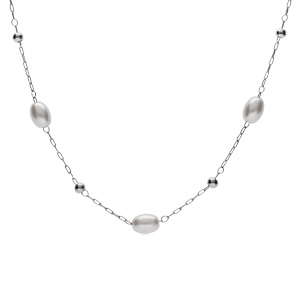 Collier en acier perles blanches ovales imitation 44+5cm - Vue 2