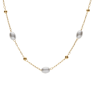 Collier en acier PVD dor perles blanches ovales imitation 44+5cm - Vue 2