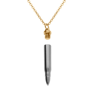 Collier en acier chaîne dorée avect pendentif acier balle de fusil porte poudre de 7 x 43mm, longueur totale 55+5cm - Vue 2