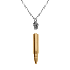 Collier en acier avec pendentif en acier doré jaune balle de fusil porte poudre (7 x 43mm), 55+5cm - Vue 2