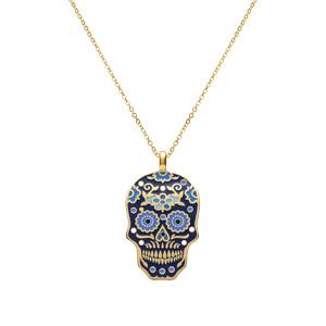 Collier Stella Mia en acier doré jaune avec pendentif tête de mort résine multi couleur -45+10cm - Vue 2