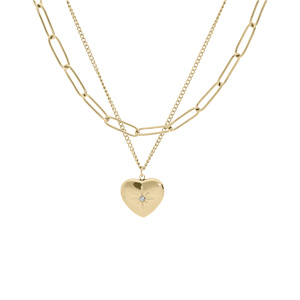 Collier en acier et PVD jaune double rang avec pendentif coeur 39+5cm - Vue 2