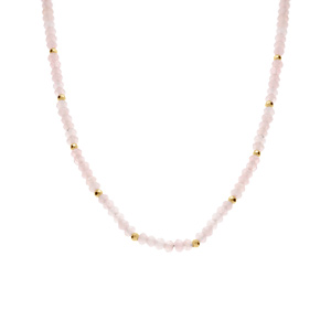 Collier de quartz rose vritable et boules en acier dor - 38+5cm - Vue 2