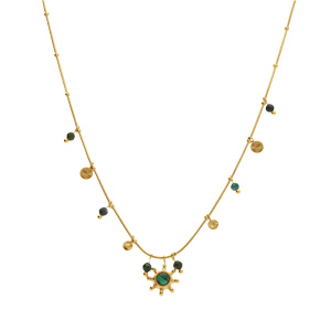 Collier en acier doré pampilles boules de couleur et pendentif soleil malachite véritable - 39+5cm - Vue 2