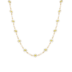 Collier en acier doré fleurs résine blanche et jaune avec boules nacre blanche véritable -35+5cm - Vue 2