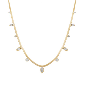 Collier en acier doré maille plate et pampilles navettes d\'oxydes blancs - 41+5cm - Vue 2