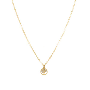 Collier en acier doré pendentif rond arbre de vie contour oxydes blancs sertis - 38+5cm - Vue 2