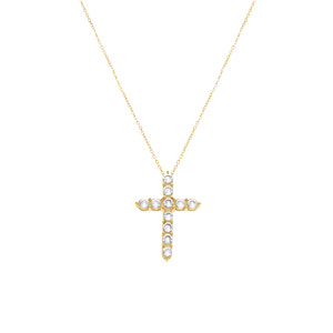 Collier en acier dor chane maille forcat avec pendentif croix 33mm orn d\'oxydes blancs -45+10cm - Vue 2