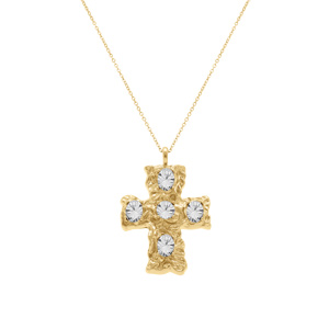 Collier en acier doré chaîne maille forcat avec pendentif croix 33mm orné d\'oxydes blancs - 40+10cm - Vue 2
