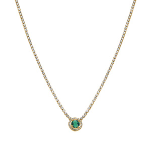 Collier en acier doré chaîne rail d\'oxydes blancs sertis et pendentif rond oxyde vert et contour blanc - 38+5cm - Vue 2