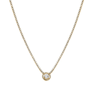 Collier en acier doré chaîne rail d\'oxydes blancs sertis et pendentif rond oxyde blanc et contour blanc - 38+5cm - Vue 2